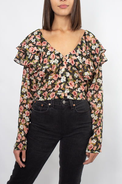 90s Floral Cropped Blouse - Size XS/S/M