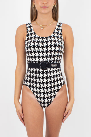 80s/90s Houndstooth Terry Towelling Black & White Swimsuit One Piece - Size XS & S