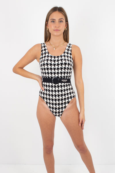 80s/90s Houndstooth Terry Towelling Black & White Swimsuit One Piece - Size XS & S