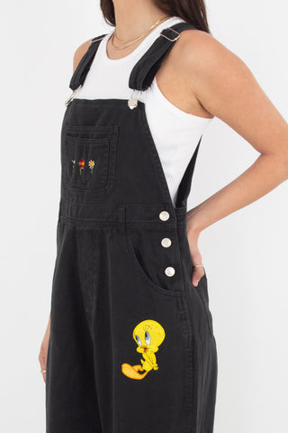 Tweety Bird Looney Tunes Long Black Denim Overalls - Size S/M