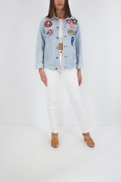 Levis Denim Jacket - Light Blue with Patches - Size XS/S/M