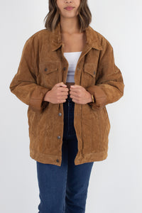 Oversized Light Brown Suede Leather Bomber Jacket - Size XL