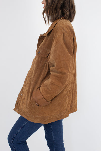 Oversized Light Brown Suede Leather Bomber Jacket - Size XL