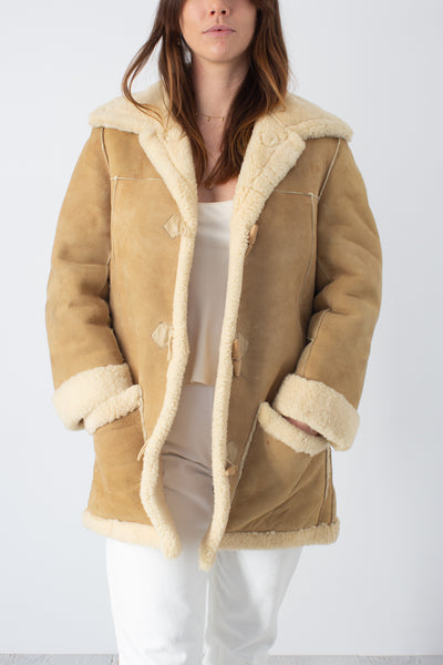 Light Tan Sheepskin Leather Shearling Coat - Size XS/S/M