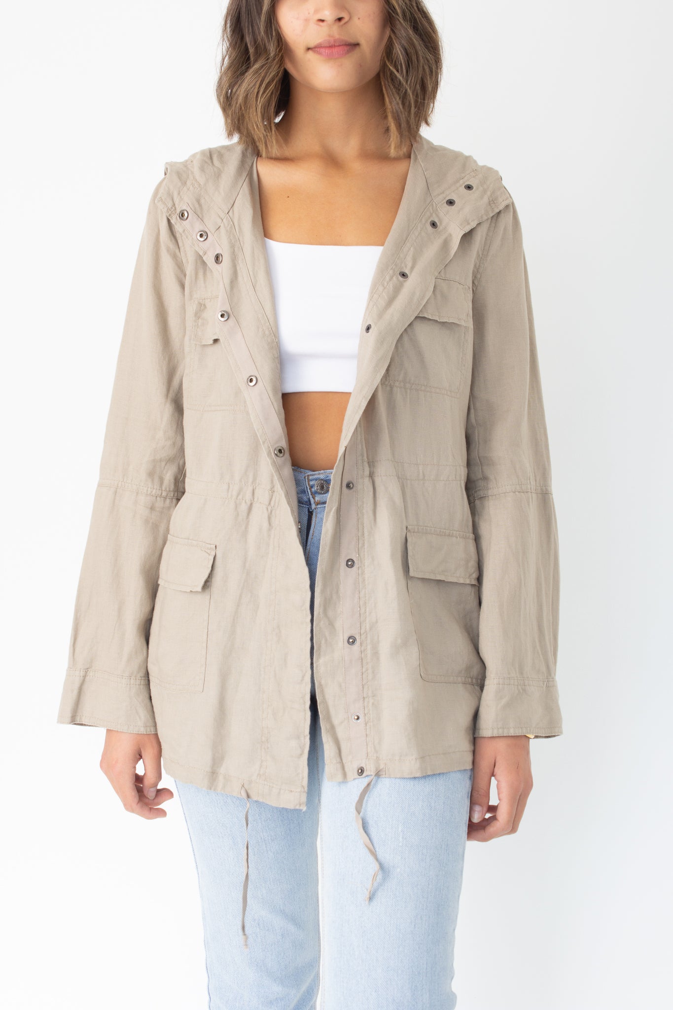 Beige Linen Hooded Jacket - Size XS/S/M