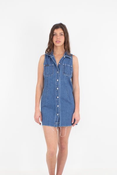 Collared Denim Mini Dress - Mid-Dark Blue - Size S/M