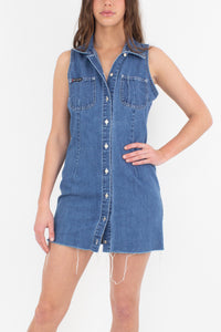 Collared Denim Mini Dress - Mid-Dark Blue - Size S/M