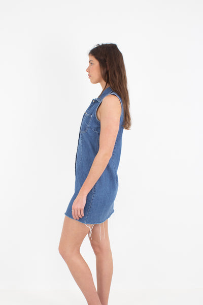 Collared Denim Mini Dress - Mid-Dark Blue - Size S/M