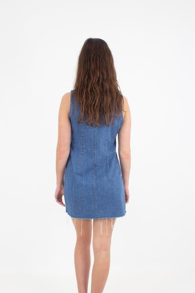 Collared Denim Mini Dress - Mid-Dark Blue - Size S/M