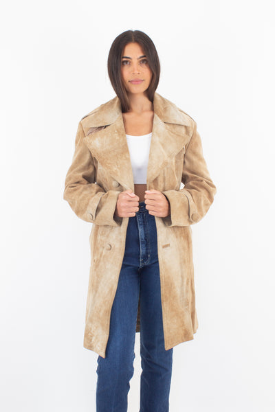 Mottled Tan Suede Leather Trench Coat - Size M