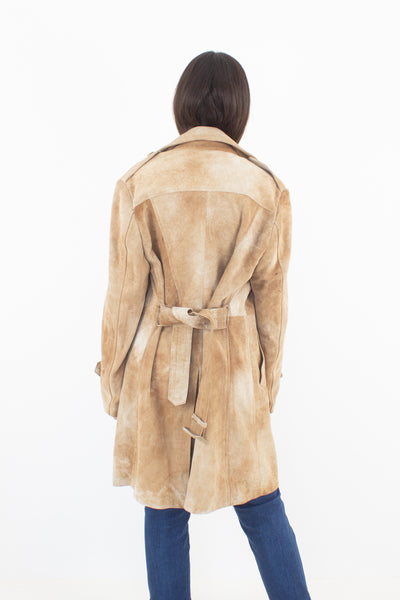 Mottled Tan Suede Leather Trench Coat - Size M