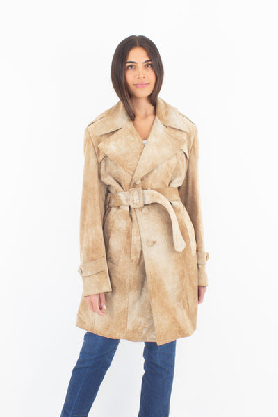 Mottled Tan Suede Leather Trench Coat - Size M