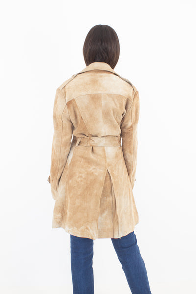 Mottled Tan Suede Leather Trench Coat - Size M