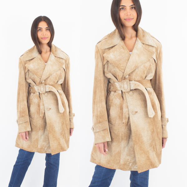 Mottled Tan Suede Leather Trench Coat - Size M