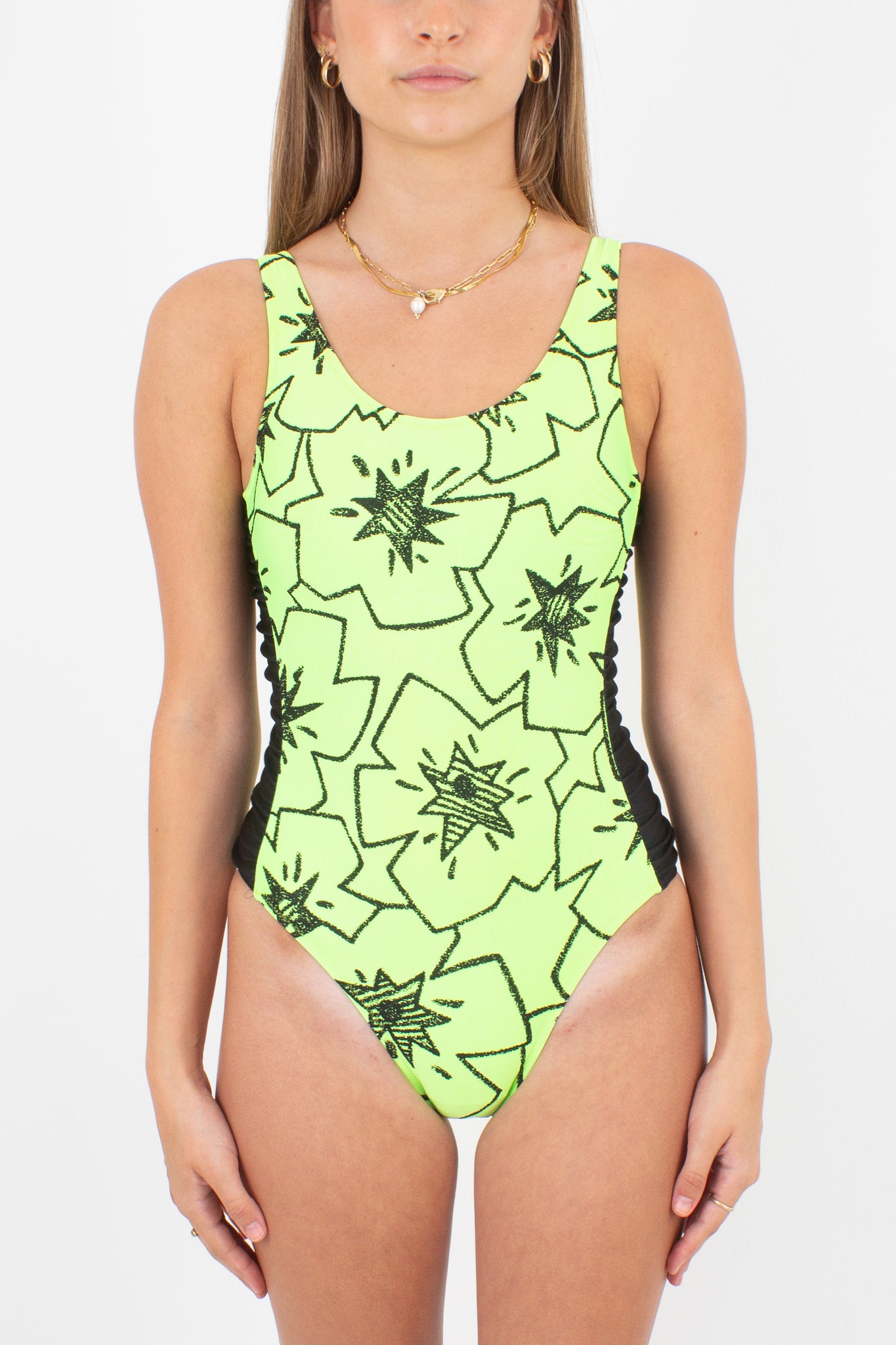 80s/90s Neon Yellow with Black Flowers One Piece Swimsuit - Size XS & S
