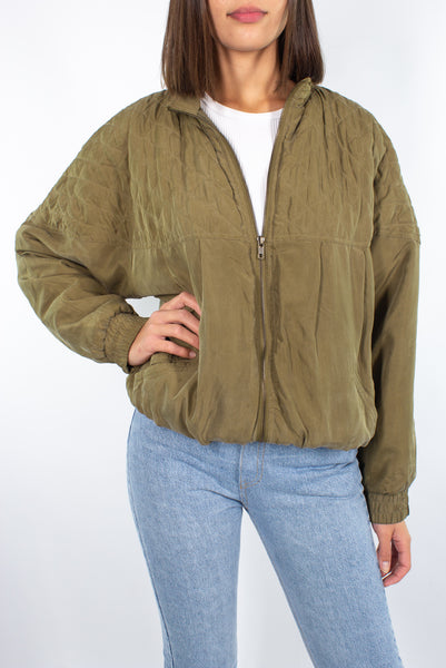 Olive Green Silk Bomber Jacket - Free Size