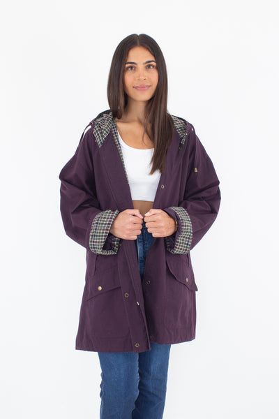 90s Oversized Purple Hooded Jacket with Check Print Detail - Size S/M/L/XL