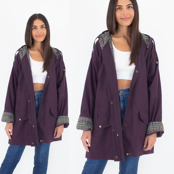 90s Oversized Purple Hooded Jacket with Check Print Detail - Size S/M/L/XL