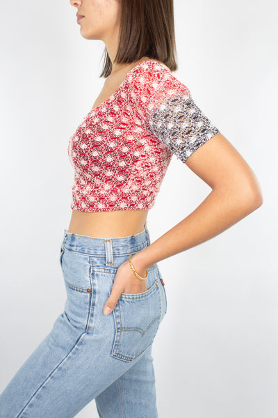 Red & Black Lace Midriff Top - Size XS/S