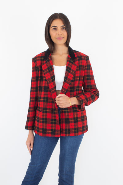 Red & Black Wool Tartan Plaid Blazer - Size M