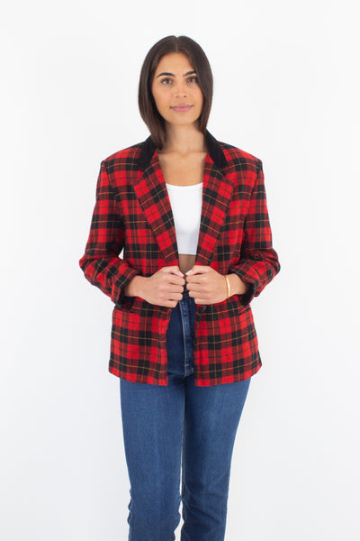 Red & Black Wool Tartan Plaid Blazer - Size M