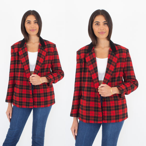 Red & Black Wool Tartan Plaid Blazer - Size M