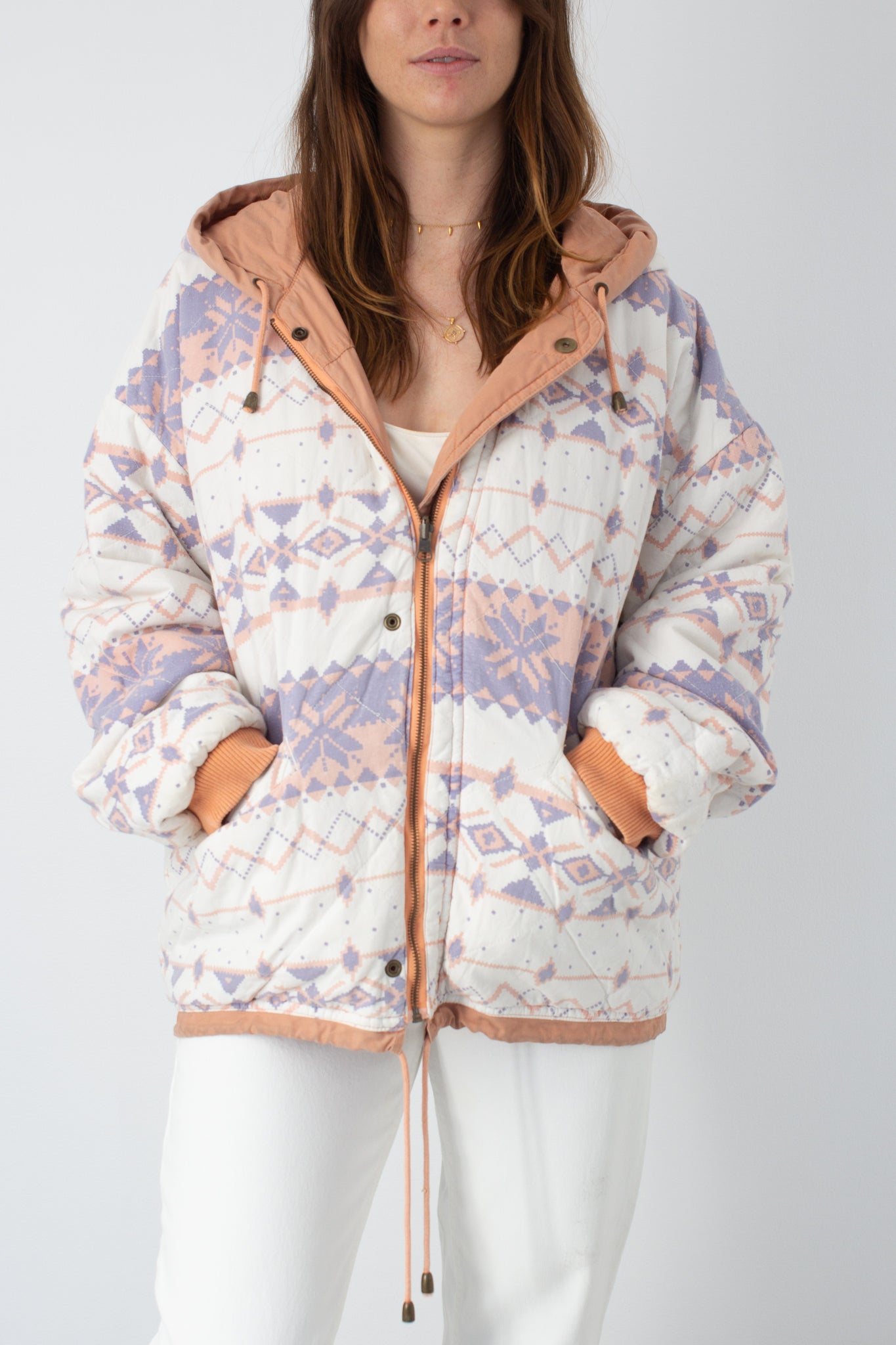 Reversible Peach Print Hooded Jacket - Free Size