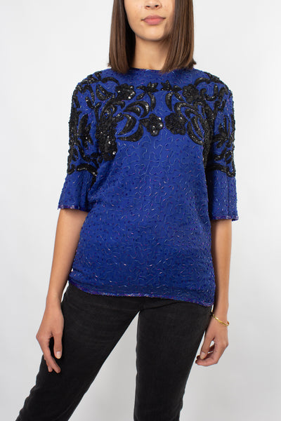 Sequinned Silk Blouse in Blue & Black - Size XS/S/M