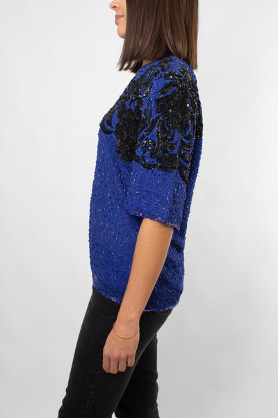 Sequinned Silk Blouse in Blue & Black - Size XS/S/M