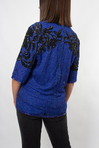 Sequinned Silk Blouse in Blue & Black - Size XS/S/M