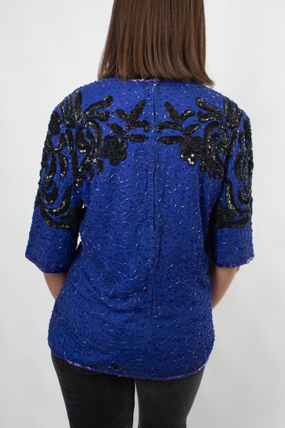 Sequinned Silk Blouse in Blue & Black - Size XS/S/M