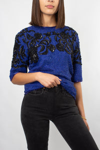 Sequinned Silk Blouse in Blue & Black - Size XS/S/M