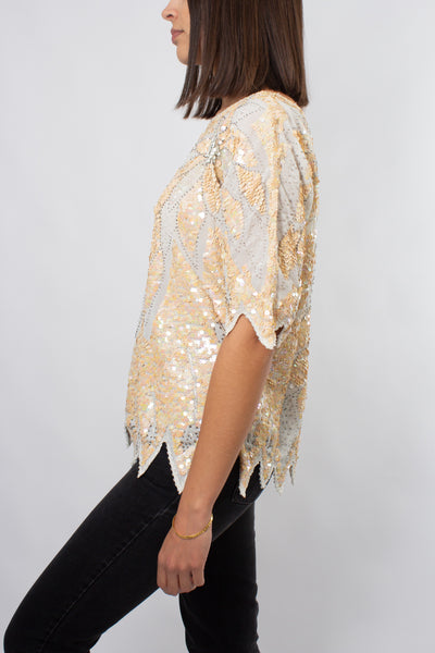 Sequinned Blouse - Cream & White - Size XS/S/M