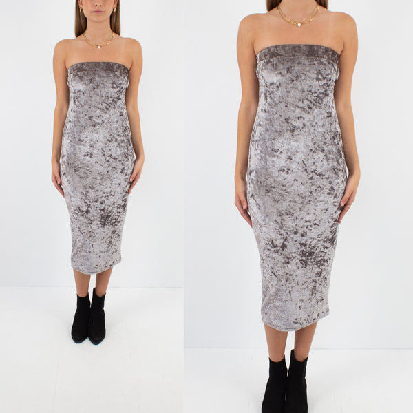 Silver Strapless Stretch Velvet Midi Dress - Size S / M