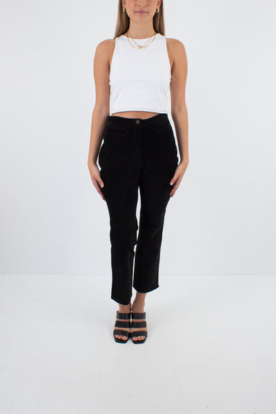 Black Cropped Suede Leather Pants - High Waist - Size S / 26"