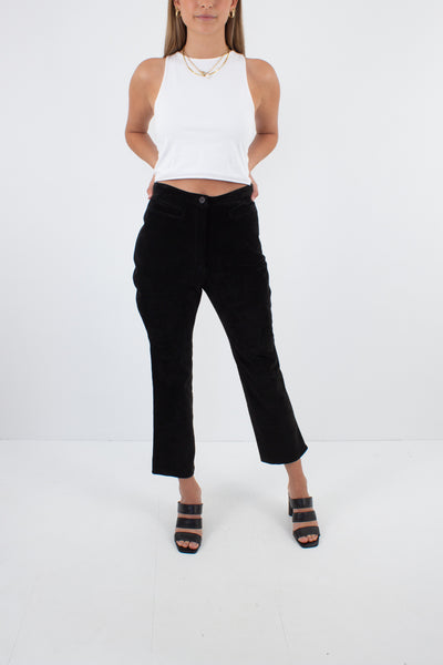 Black Cropped Suede Leather Pants - High Waist - Size S / 26"