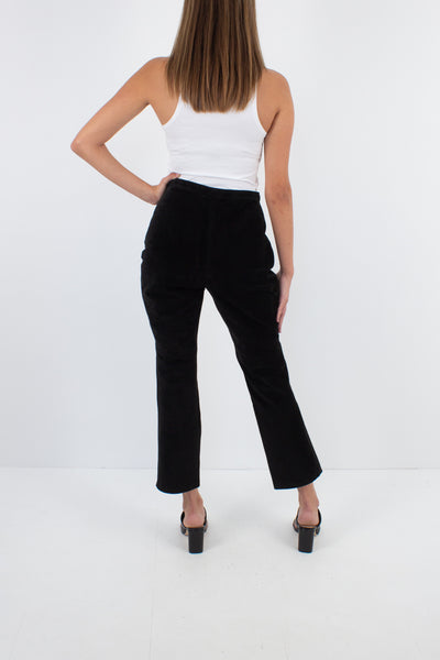 Black Cropped Suede Leather Pants - High Waist - Size S / 26"