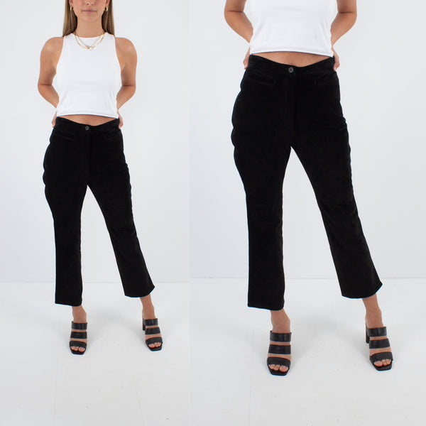 Black Cropped Suede Leather Pants - High Waist - Size S / 26"