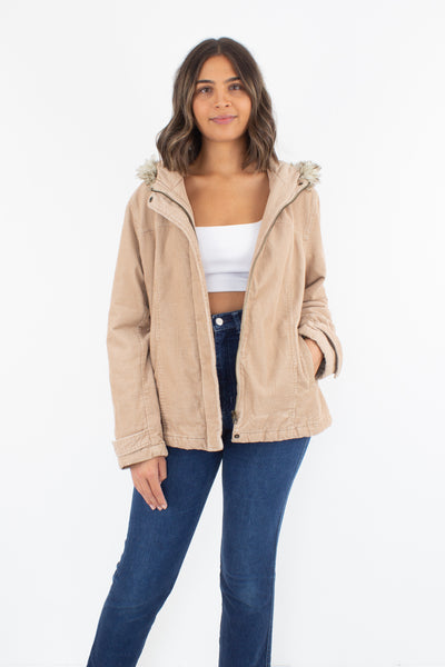 Tan Cord Hooded Jacket - Size M/L