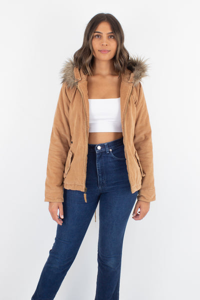 Tan Cord Hooded Jacket - Size S/M