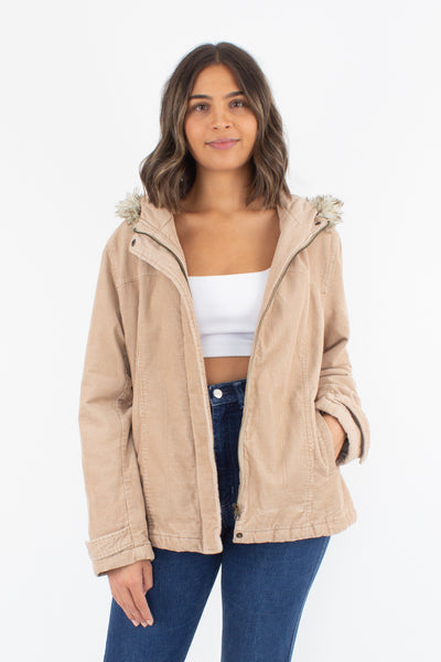 Tan Cord Hooded Jacket - Size M/L