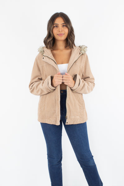 Tan Cord Hooded Jacket - Size M/L