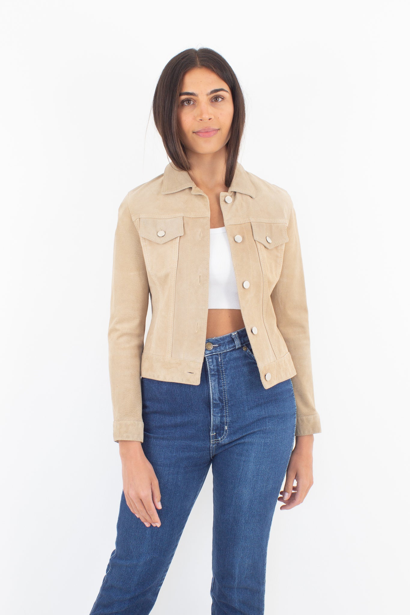 90s/Y2K Tan Suede Leather Cropped Jacket - Size XXS/XS