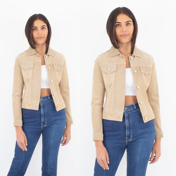 90s/Y2K Tan Suede Leather Cropped Jacket - Size XXS/XS