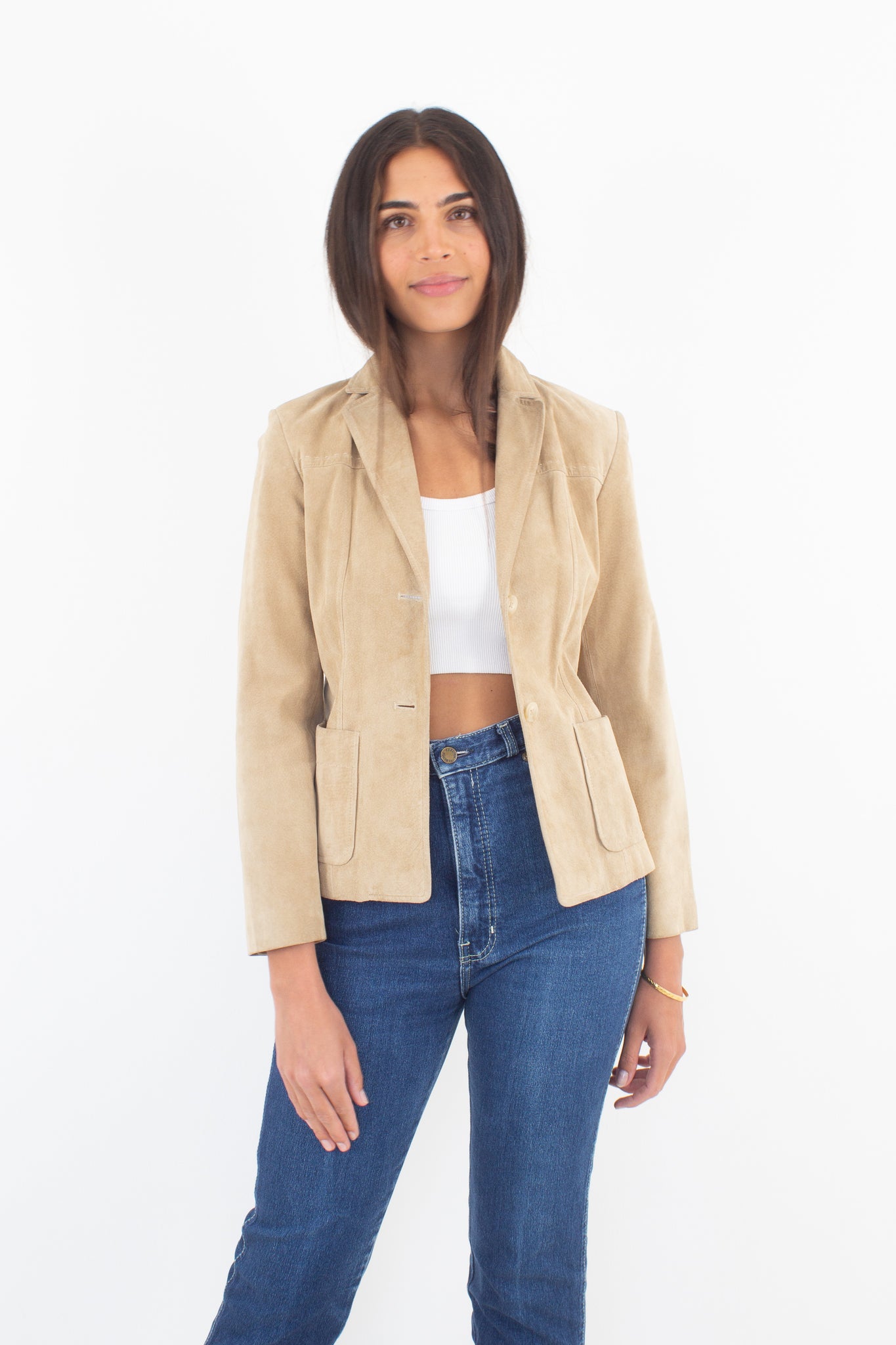 90s/Y2K Tan Suede Leather Blazer - Size XS