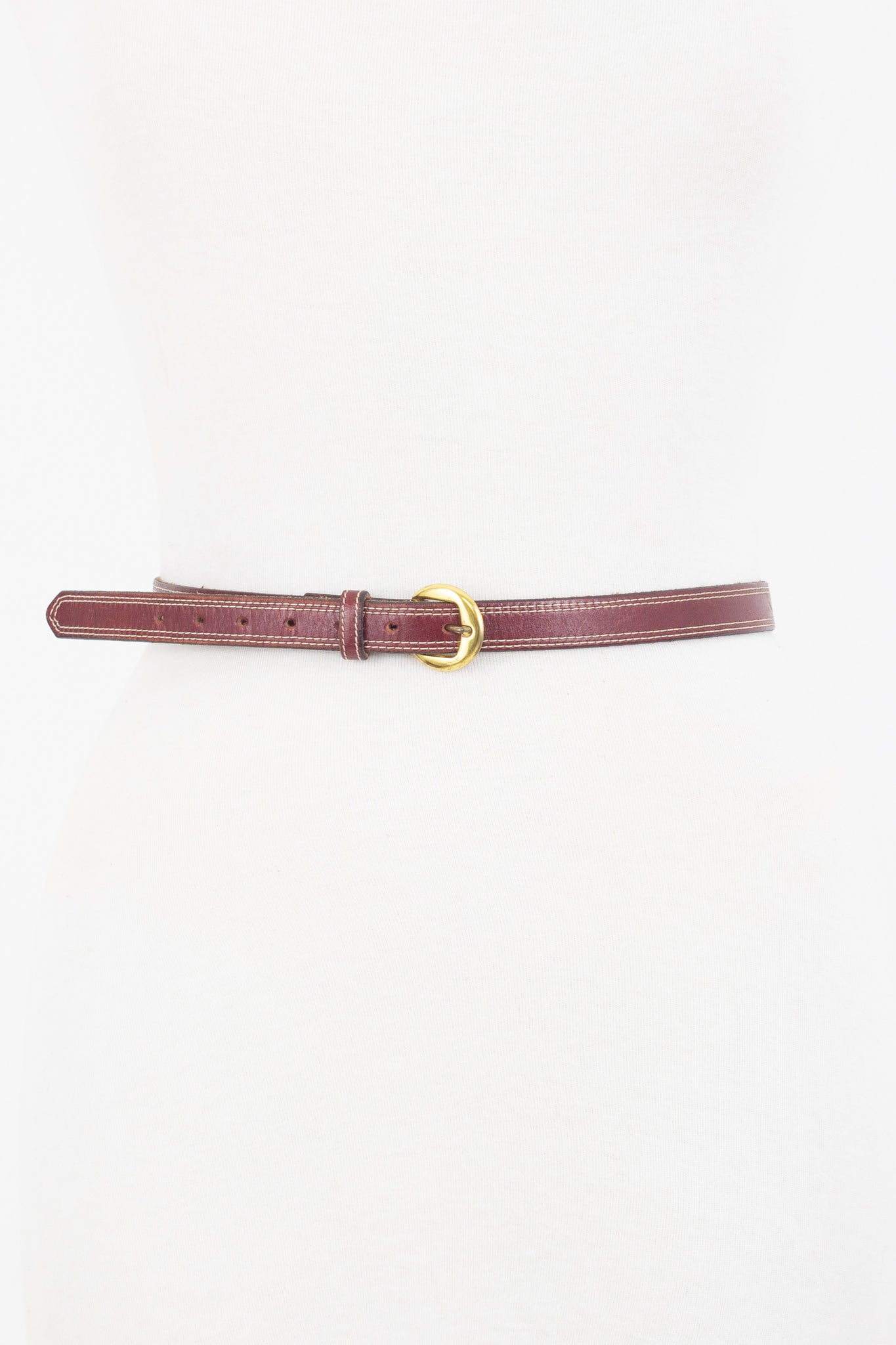 Thin Mahogany Leather Belt with Shiny Gold Buckle