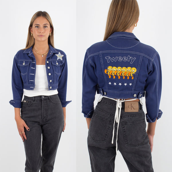 Tweety Bird Cropped Blue Denim Jacket - Size XXS/XS