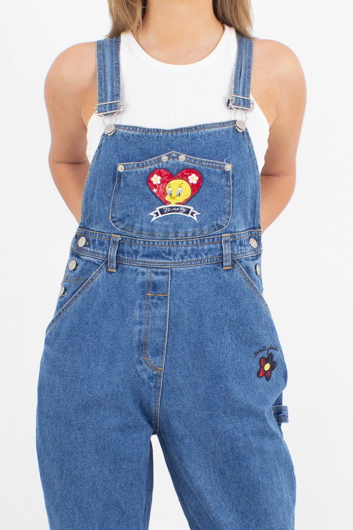 Tweety Bird Long Blue Denim Overalls with Patches - Size S