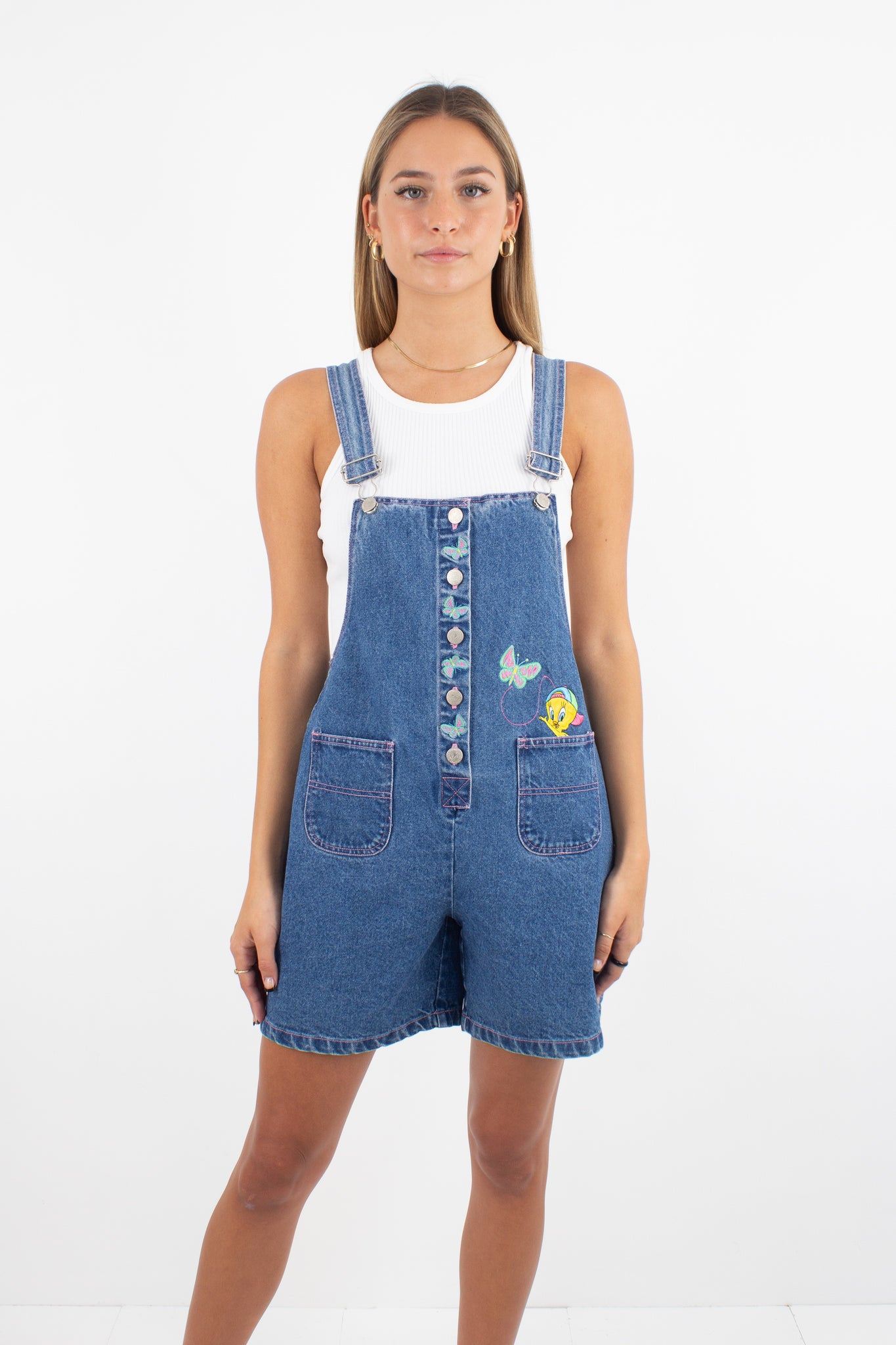 Tweety Bird Short Mid Blue Denim Overalls - Size XS/S