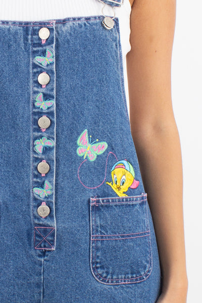 Tweety Bird Short Mid Blue Denim Overalls - Size XS/S